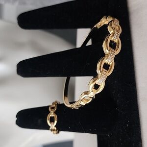 Gold Filled Chain Link Clamper Bangle Bracelet Adjustable Ring Set